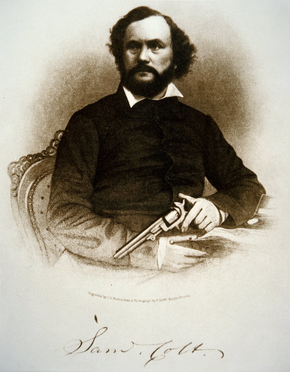 Samuel Colt drží jeden ze svých perkusních revolverů (rytina) od American School