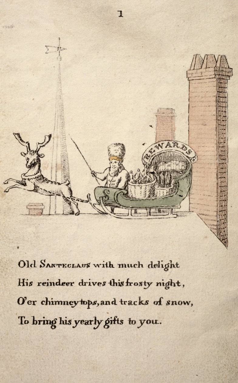 Santa Claus se saněmi a soby z knihy Přítel dětí z roku 1821 od American School