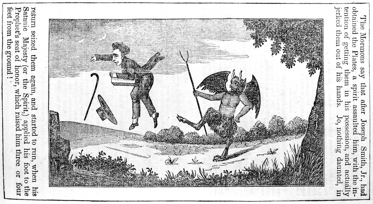 Satan kope Josepha Smitha (1805-44) ze zadní strany Anti-Mormonského almanachu pro rok 1842 od American School