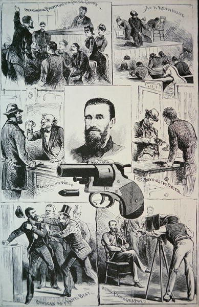 Scény ze života atentátníka Charlese Julese Guiteaua (1841-82) a pistole, kterou zabil prezidenta Jamese A. Garfielda (1831-81) 1881 (litho) od American School
