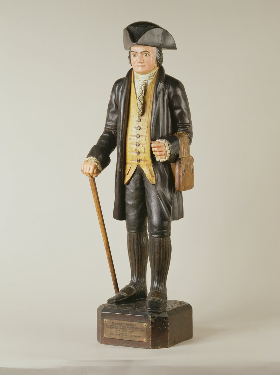 Socha Diedricha Knickerbockera, která stála v Knickerbocker Hall v New Yorku, kolem roku 1850-67 (malované dřevo) od American School