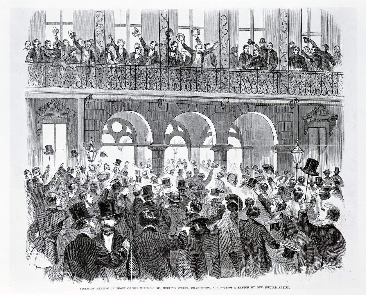 Secession Meeting před Mills House, Meeting Street, Charleston, South Carolina, c.1860 (rytina) (čb foto) od American School