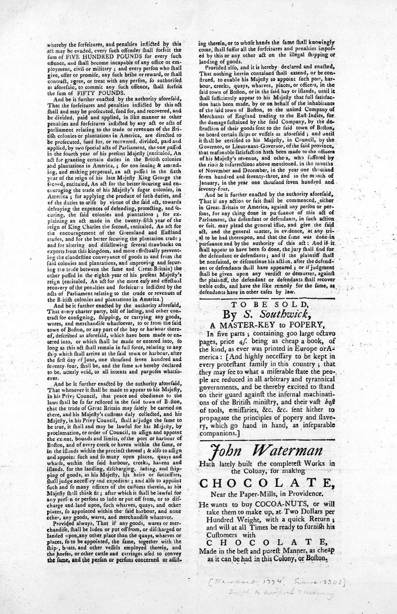 Druhá strana široké stránky popisující zákon o blokování přístavu v Bostonu, 1774 (novinový tisk) od American School