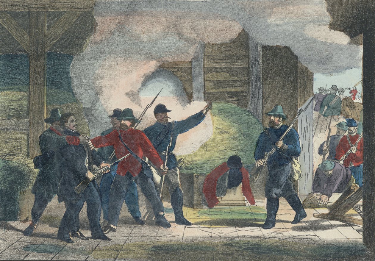 Zabavení a smrt vraha Wilkieho Bootha, kolem roku 1865 (barevný tisk) od American School
