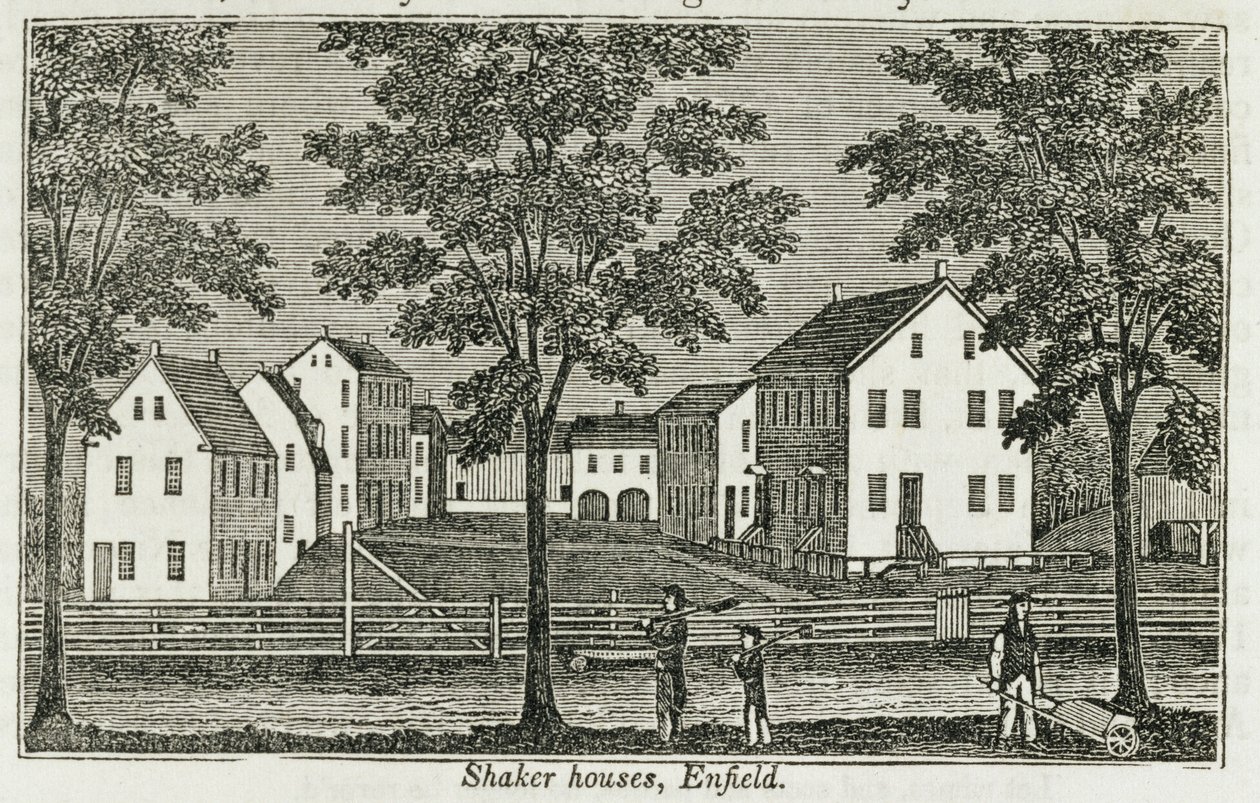 Shakerské domy v Enfieldu, z knihy "Connecticut Historical Collections", autor John Warner Barber, 1856. od American School