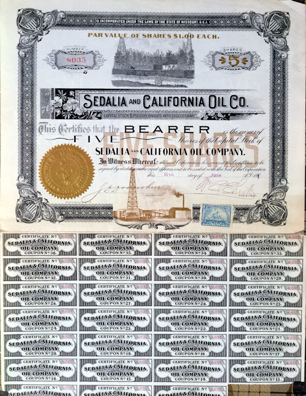 Podílový certifikát pro Sedalia and Californian Oil Company, USA, 1901 od American School