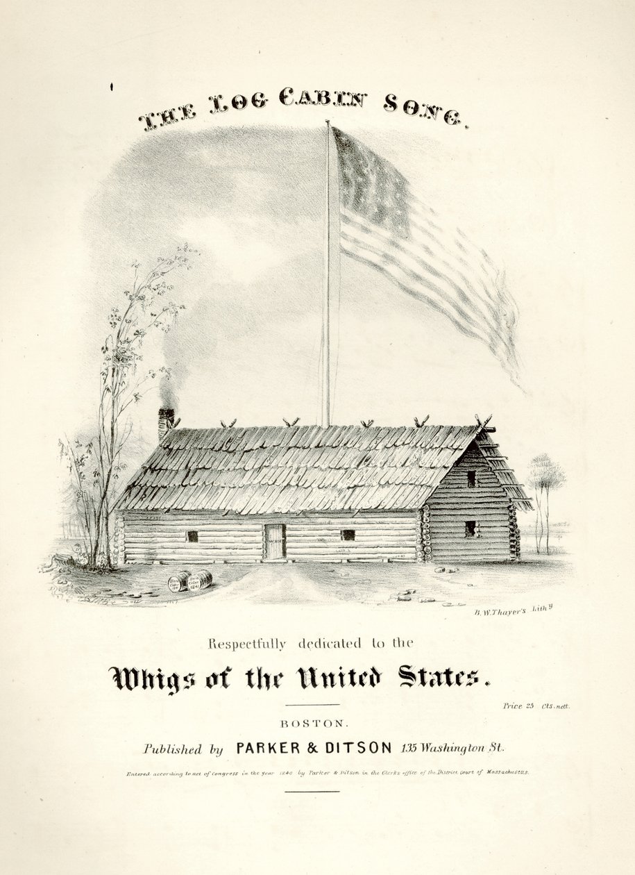 Notový obal k písni The Log Cabin Song..., vydané nakladatelstvím Parker & Ditson, Boston, 1840 od American School