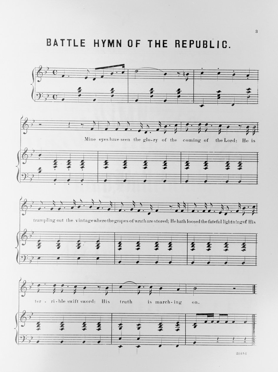 Noty k Battle Hymn of the Republic, kterou napsala Julia Ward Howe (1819-1910) 1862 od American School