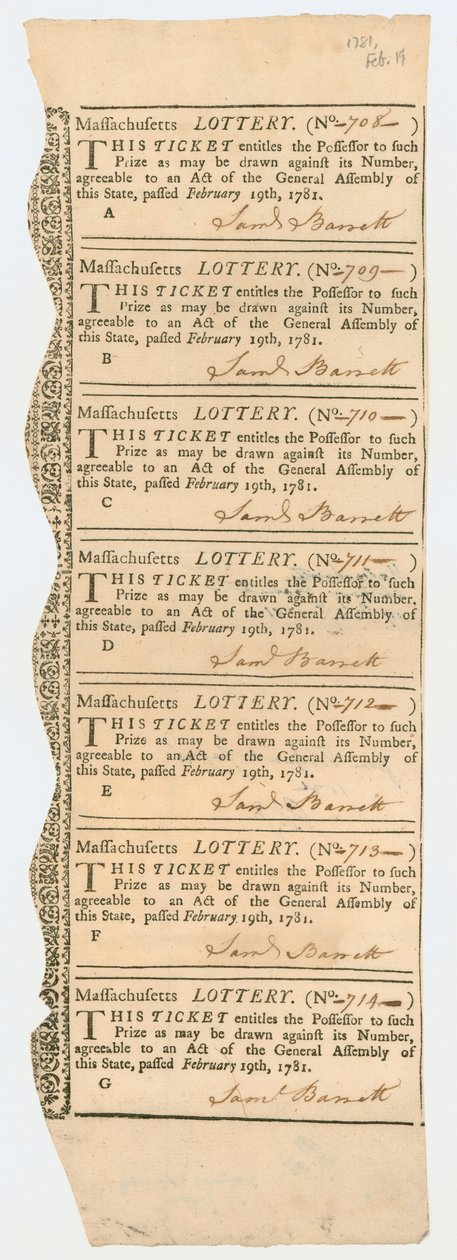 List loterijních lístků, Massachusetts Lottery, 1781 od American School