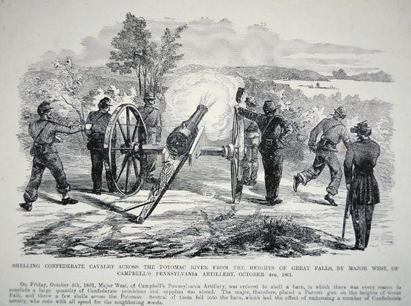 „Ostřelování konfederační kavalérie přes řeku Potomac z výšin Great Falls...“, 4. října 1861 (litho) od American School