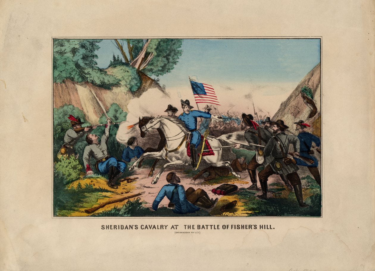 Sheridanská kavalérie v bitvě u Fishers Hill (Shenandoah Valley), hospoda. od Currier & Ives, kolem roku 1864 od American School
