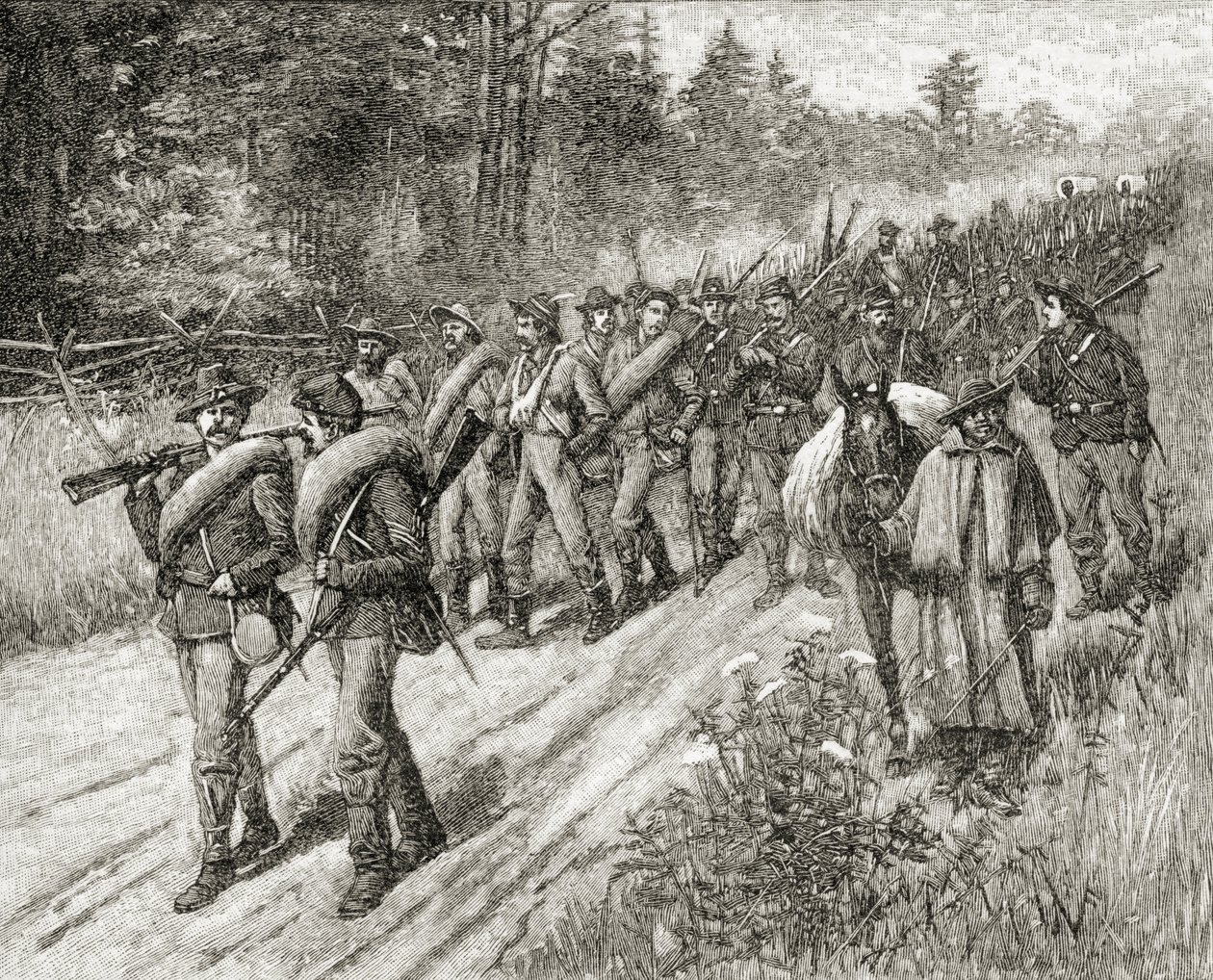Shermanova armáda na pochodu k moři v roce 1865, z „Stručné historie Spojených států“, vydané nakladatelstvím A. S. Barnes und Co. v roce 1885 od American School