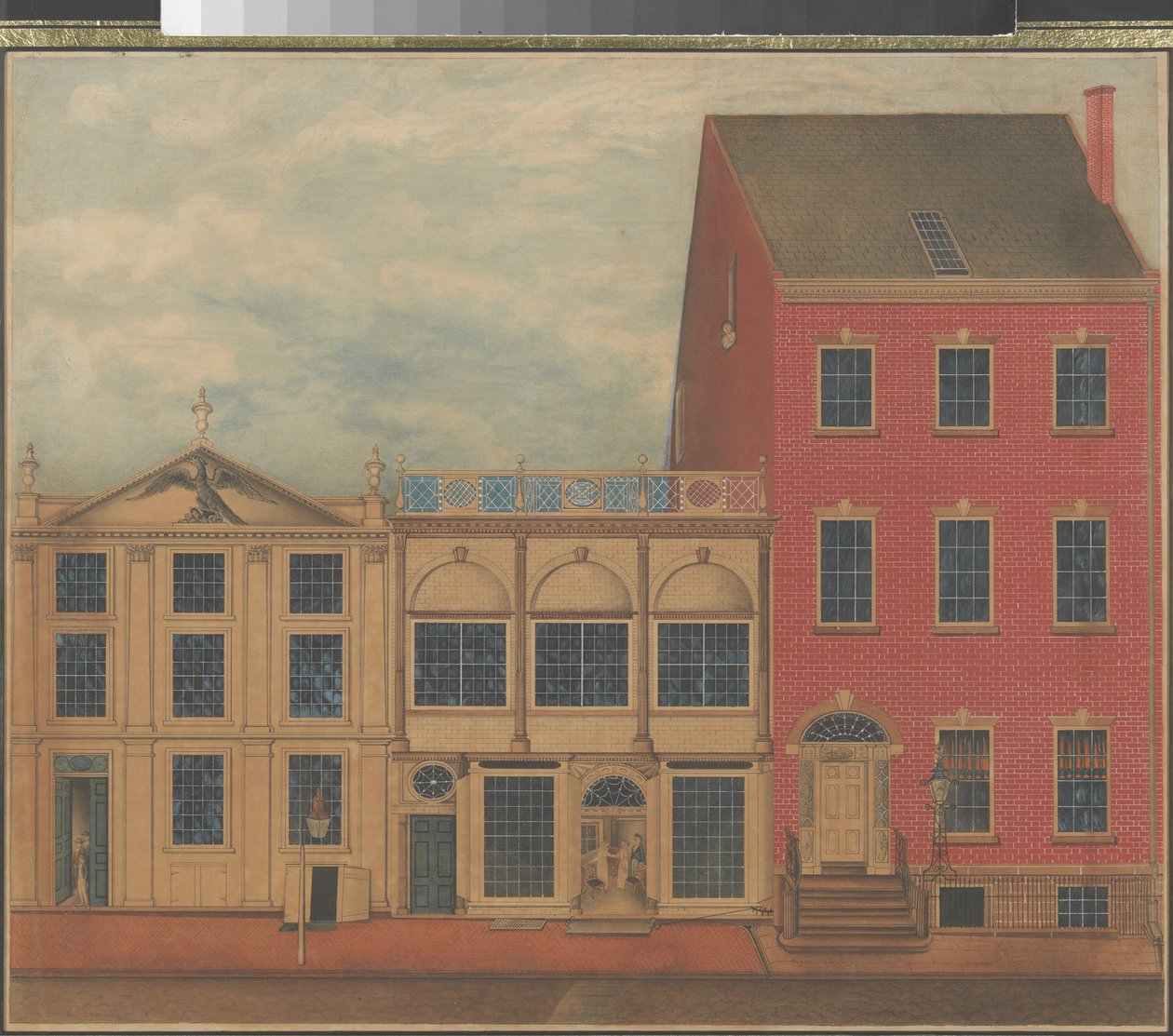 Obchod a sklad Duncana Phyfea na Fulton Street v New Yorku, kolem 1817-1820 (akvarel, inkoust a kvaš na bílém papíru) od American School
