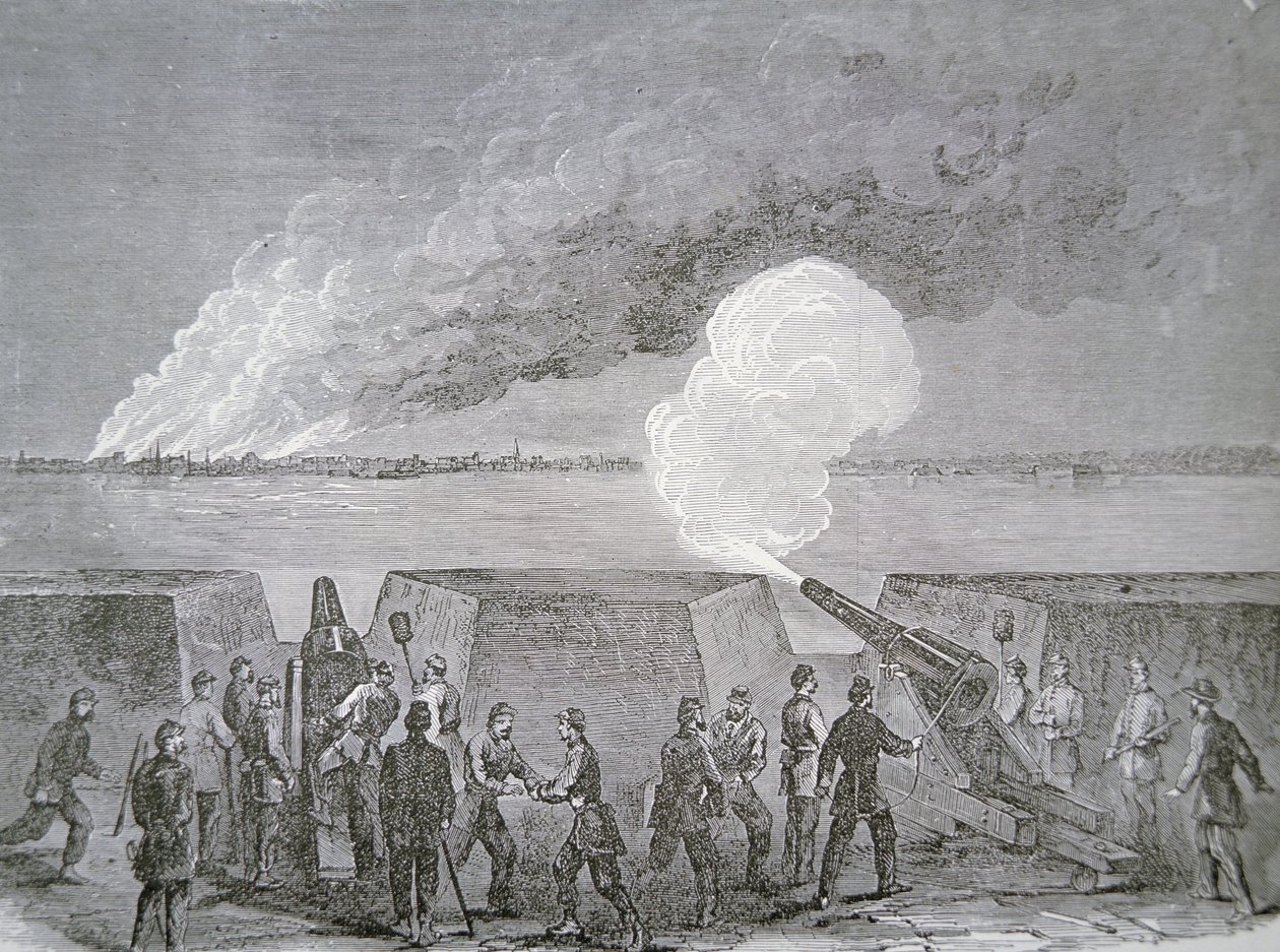 Obléhání Charlestonu, město hořící pod bombardováním, 3. ledna 1864, z Harper
