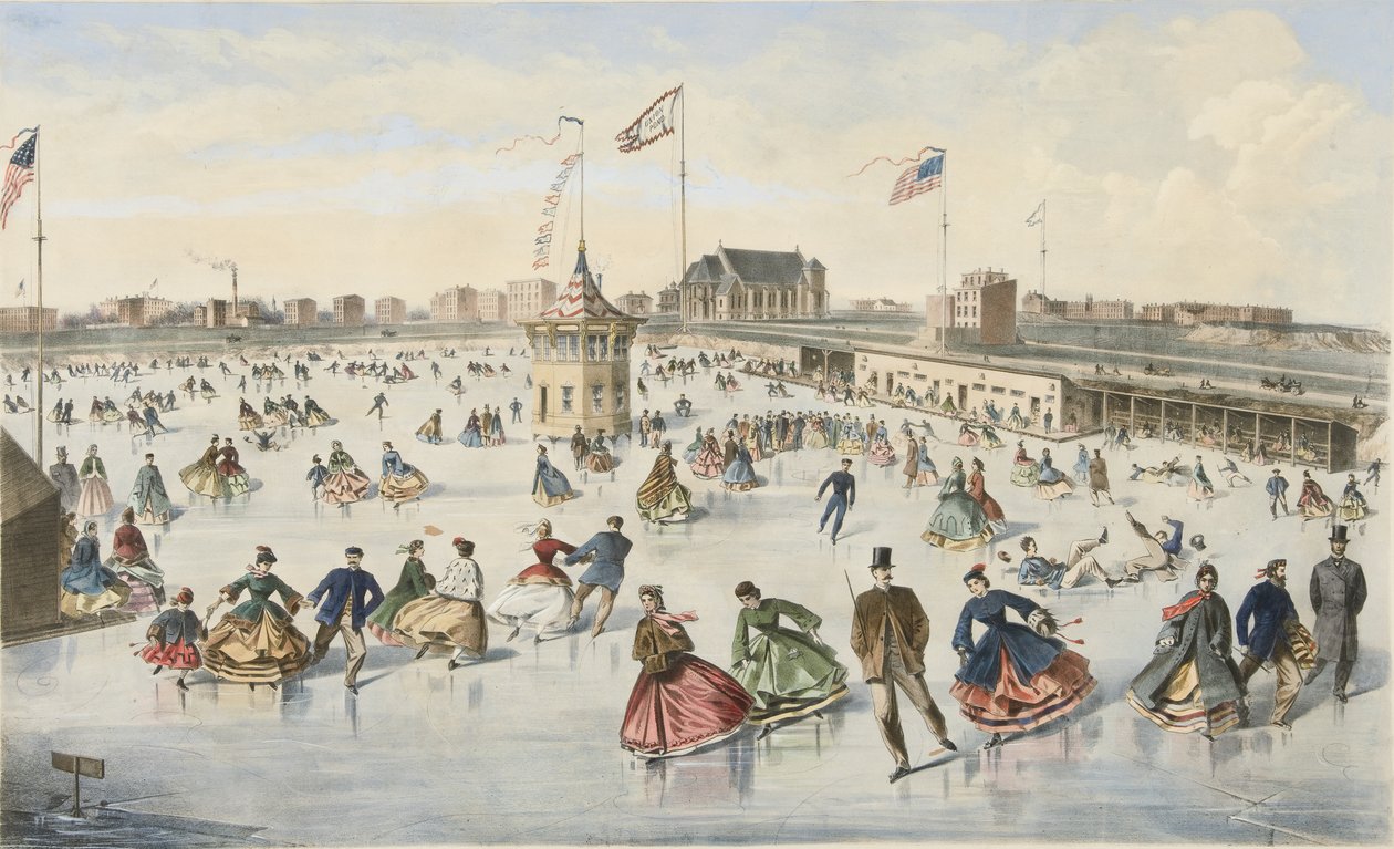 Bruslení na Union Pond, hospoda. 1863 (barevné lito) od American School