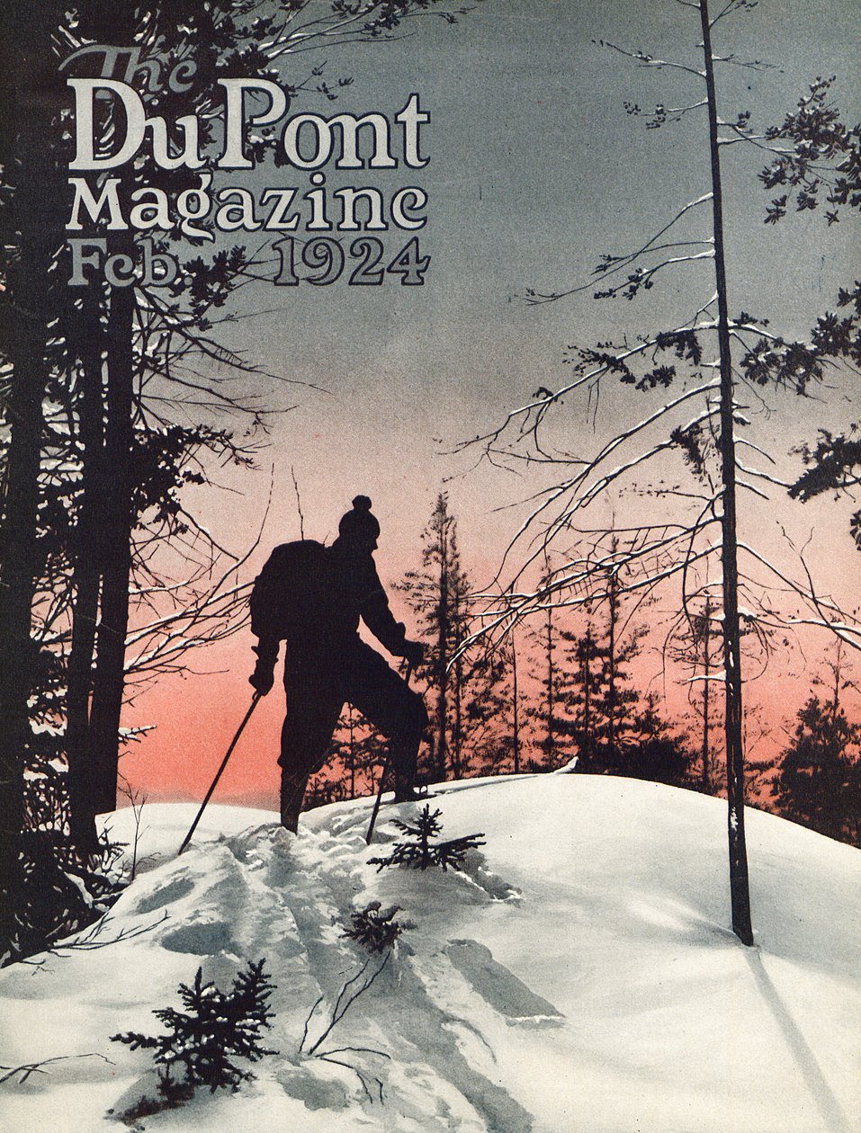 Lyžování, přední strana časopisu DuPont Magazine, únor 1924 od American School