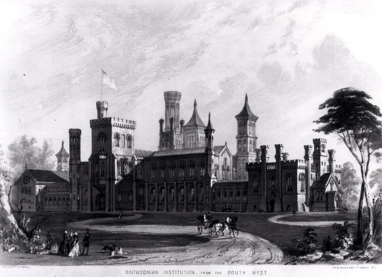 Smithsonian Institution z jihozápadu, z „Hints on Public Architecture“ od Roberta D. Owena, vyryl Sarony und Major, 1849 od American School