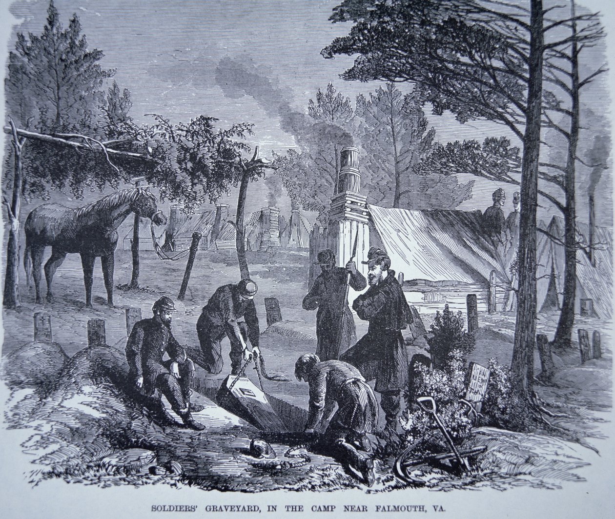 Hřbitov vojáků v táboře poblíž Falmouth ve Virginii (litho) od American School