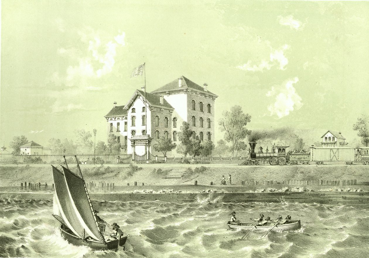 Soldiers Home, od Chicago Illustrated, s literárními popisy Jamese W. Sheahana, publikoval Jevne & Almini, Chicago, 1866-67 od American School