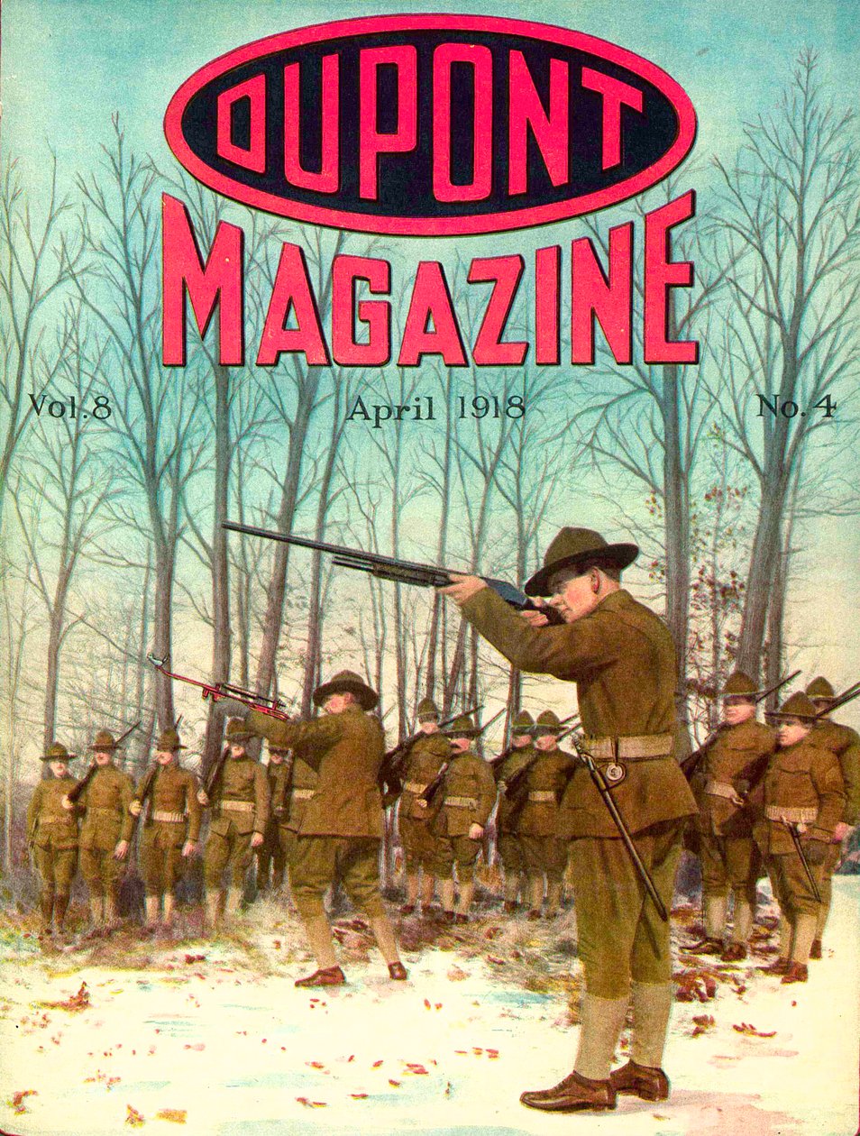 Vojáci, přední strana časopisu DuPont Magazine, duben 1918 od American School