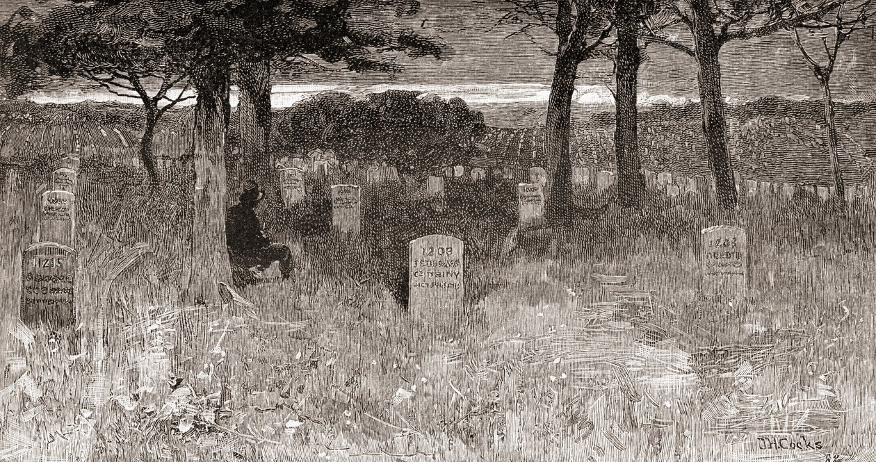 Hroby vojáků na Arlingtonském národním hřbitově, Arlington County, Virginie, v 19. století, z časopisu "The Century Illustrated Monthly Magazine", vydaného v roce 1884 (rytina) od American School