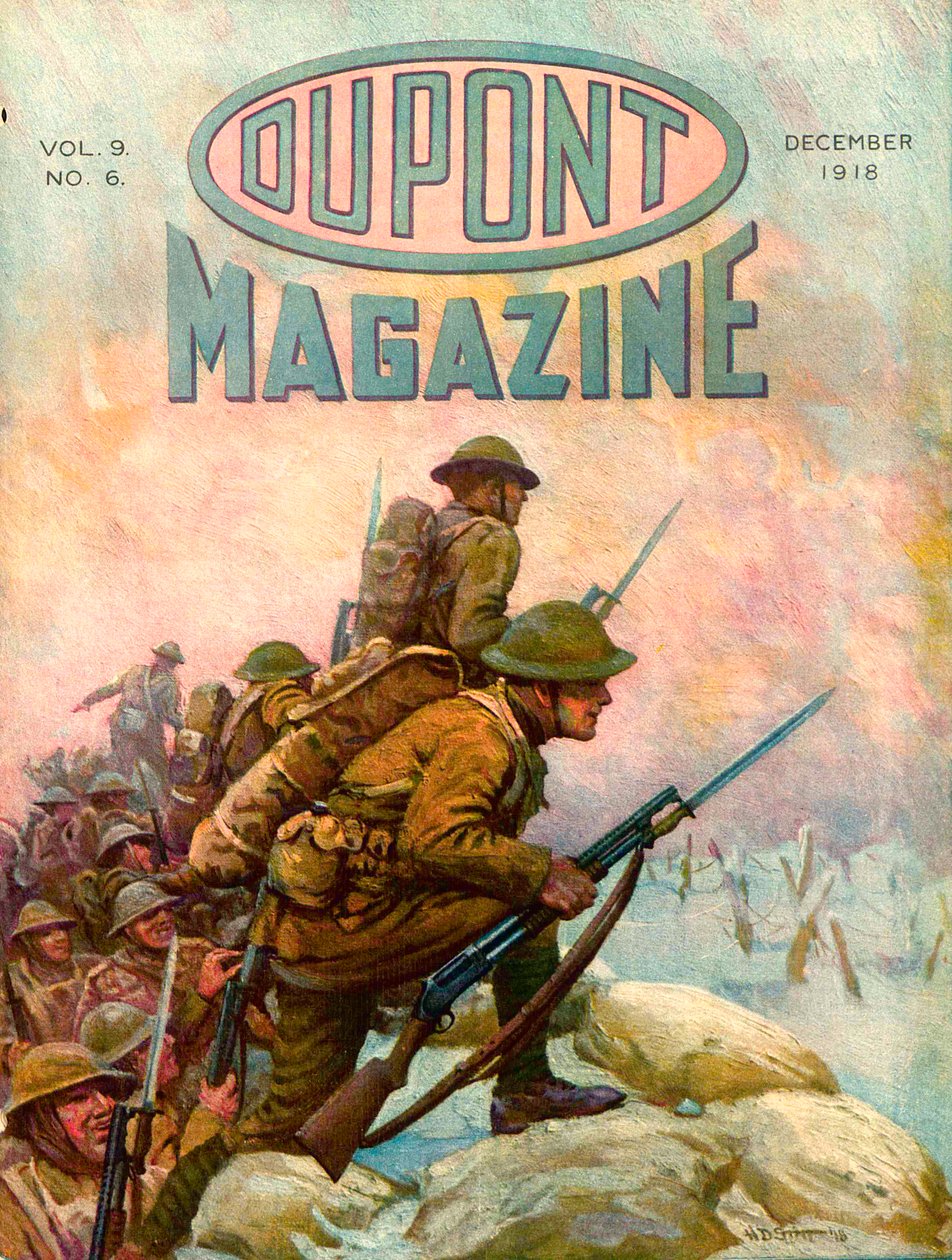 Vojáci v zákopech, přední strana časopisu DuPont Magazine, prosinec 1918 od American School