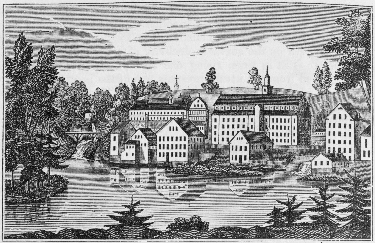 Jihovýchodní pohled na továrny v Yantic Falls, Norwich, z „Connecticut Historical Collections“, John Warner Barber, 1856 od American School