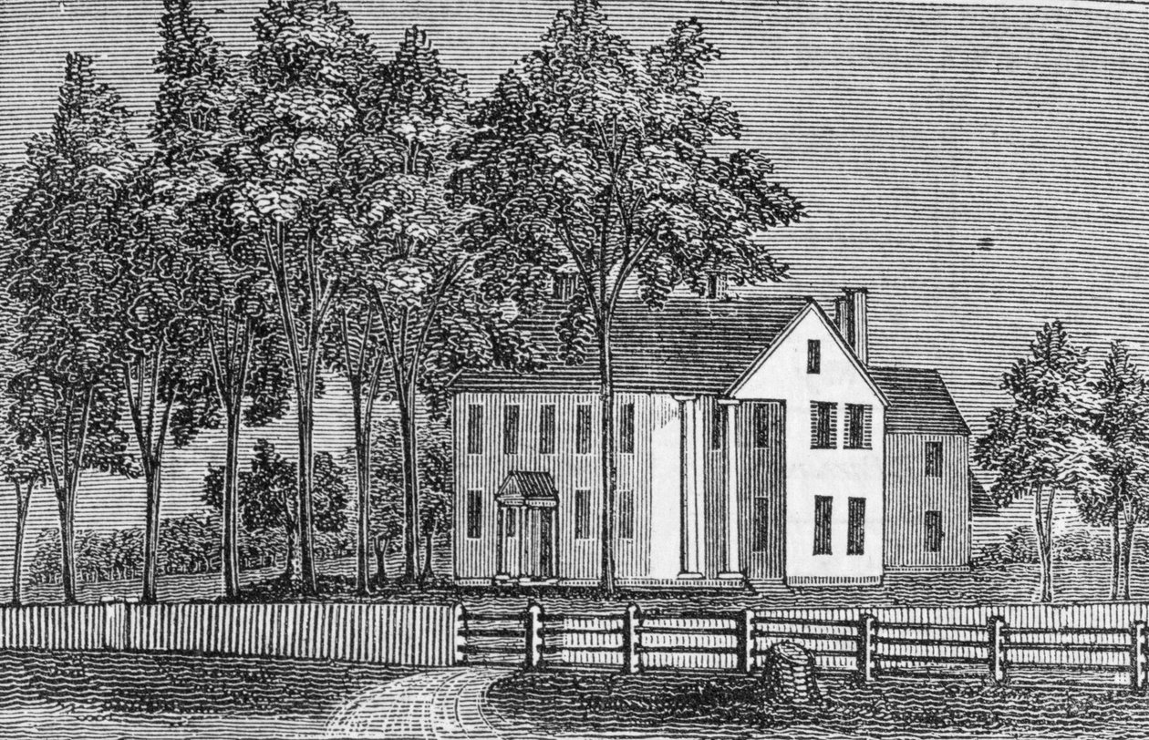 Jihozápadní pohled na dům soudce Ellswortha, z „Connecticut Historical Collections“, John Warner Barber, 1856 (rytina) od American School