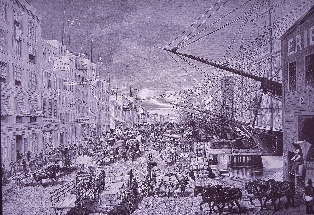 South Street Seaport v 70. letech 19. století, New York City (rytina) od American School