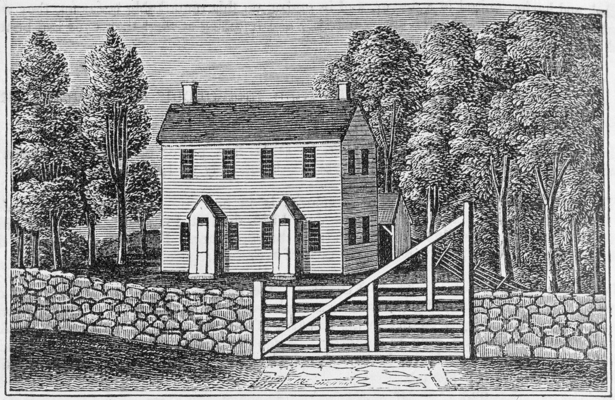 Jižní pohled na Dům setkání přátel, Pomfret, z „Connecticut Historical Collections“, John Warner Barber, 1856 od American School