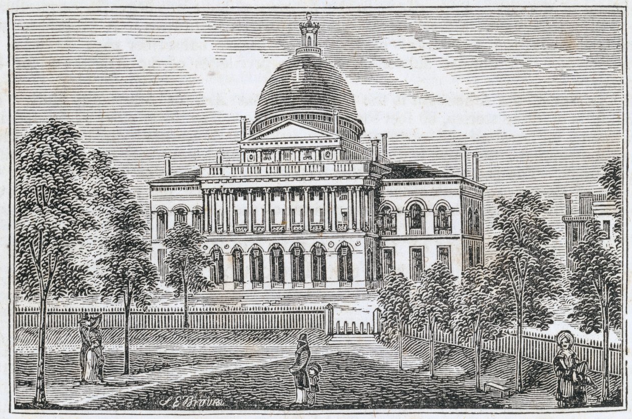 Jižní pohled na State House v Bostonu na Beacon Street, z „Historických sbírek Massachusetts“, John Warner Barber, rytý S. E. Brown, 1839 od American School
