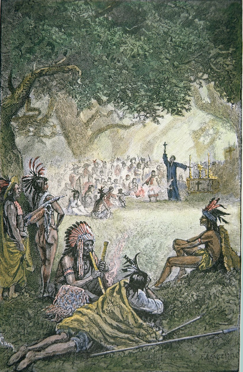 Španělští jezuitští misionáři konvertující domorodé Američany v Kalifornii v 17. století (barevné lito) od American School
