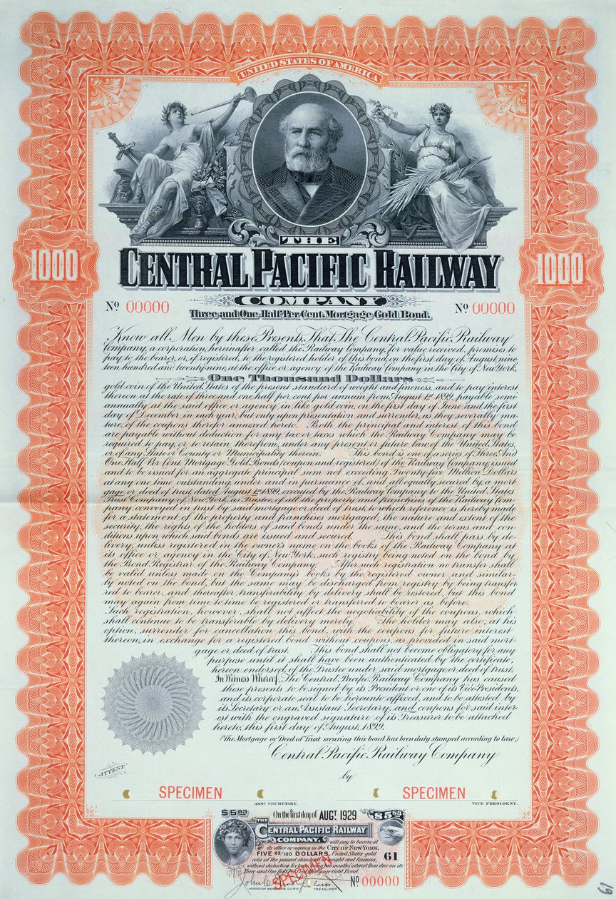 Vzorový dluhopisový certifikát na 1000 dolarů pro Central Pacific Railway Company Company, 1899 od American School
