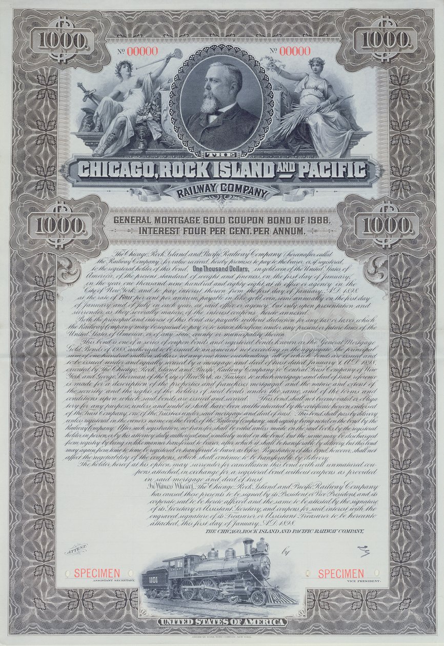 Vzorový dluhopisový certifikát na 1000 dolarů pro Chicago, Rock Island a Pacific Railway Company, 1898 od American School