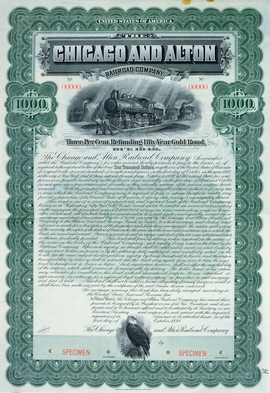 Vzorový dluhopisový certifikát na 1000 dolarů pro Chicago and Alton Railroad Company, 1899 od American School