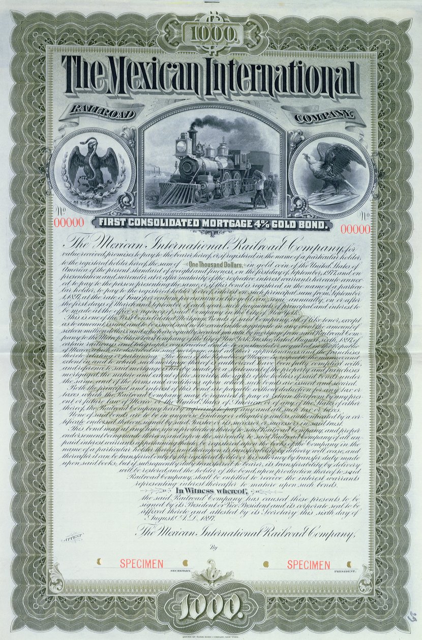 Vzorový dluhopisový certifikát na 1000 dolarů pro Mexican International Railroad Company, 1897 od American School