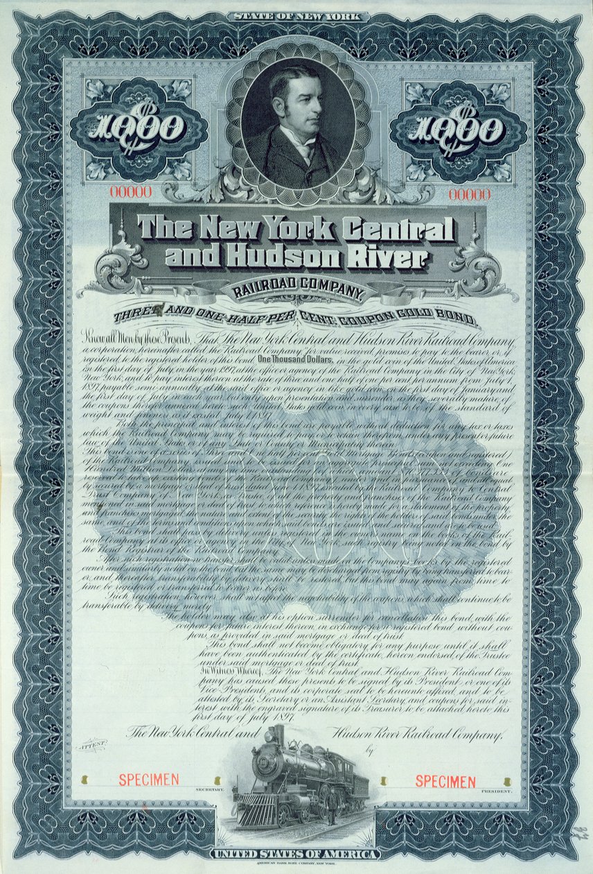 Vzorový dluhopisový certifikát na 1000 dolarů pro New York Central and Hudson River Railroad Company, cca 1900 od American School