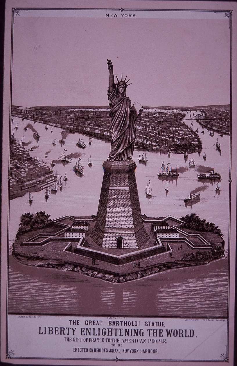 Socha svobody „bude vztyčena na Bedloeově ostrově“, tisk z roku 1885 (rytina) od American School
