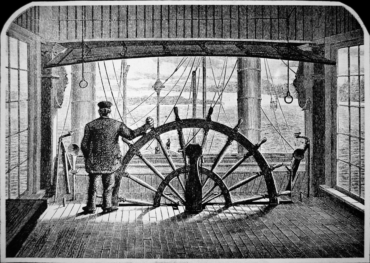 Pilot parníku v kormidelně, kolem roku 1870 (rytina) od American School