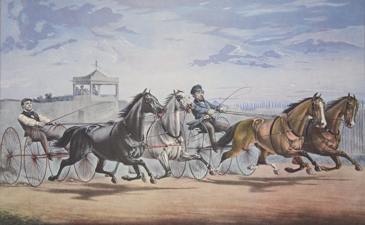 Stella a Alice Grey - Lantern and Whalebone, Passing the Stand (V jejich skvělém zápase v Double Harness over the Union Course L.I. 5. června 1855), hospoda. 1855, Currier & Ives od American School