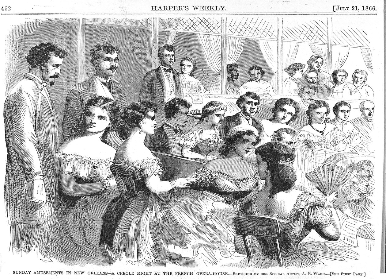 Nedělní zábava v New Orleans, kreolská noc ve francouzské opeře, 1866 od American School