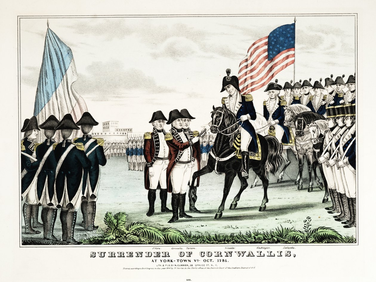 Cornwallisova kapitulace v York Town, VA, říjen 1781, vyd. Currier  Ives od American School