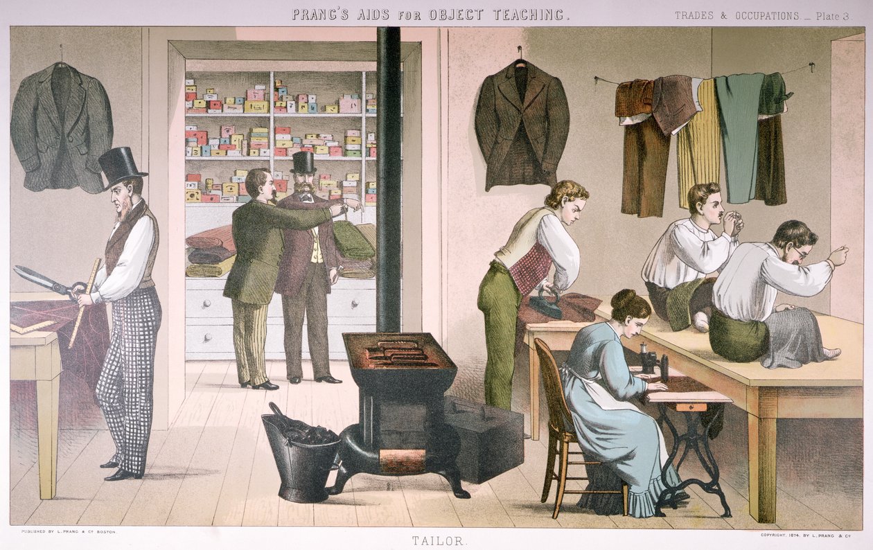 Krejčí, deska z publikace Prangs Aids for Object Teaching, 1874 od American School