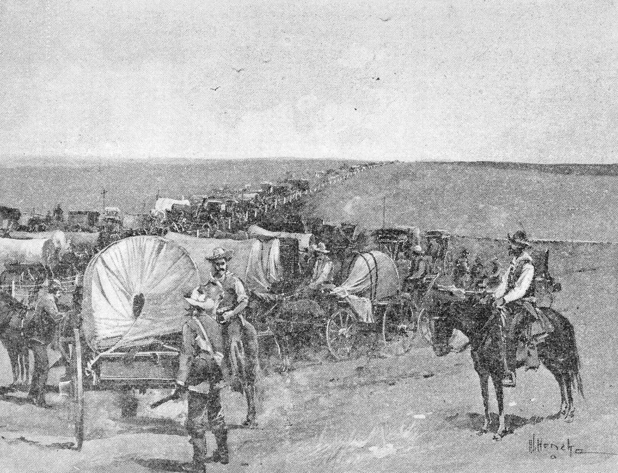 Deset minut před velkým spěchem, na jižní linii Indian School Reserve, poblíž Arkansas City, 16. září 1893 (rytina) (černobílá fotografie) od American School