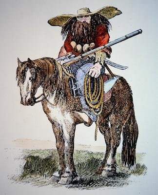 Karikatura Texas Ranger, zobrazující městský východní pohled na divokého a chlupatého Strážce od American School