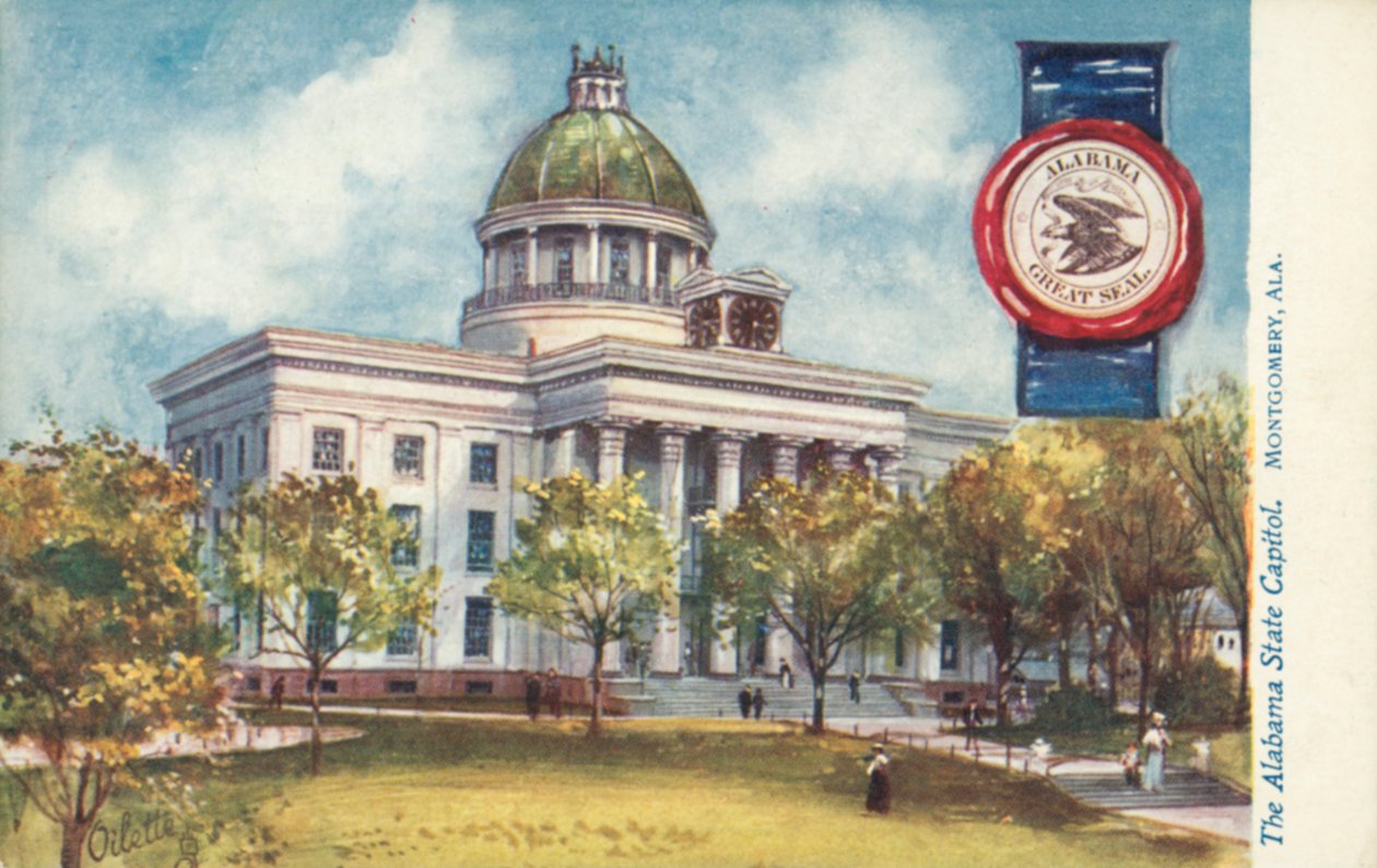 Kapitol státu Alabama, Montgomery, Alabama (barevná litografie) od American School