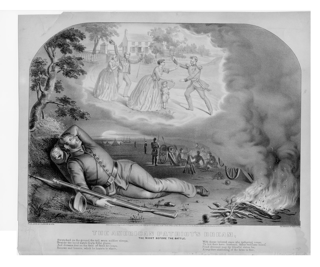 Sen amerických vlastenců, noc před bitvou, vyd. Currier & Ives, 1861 od American School