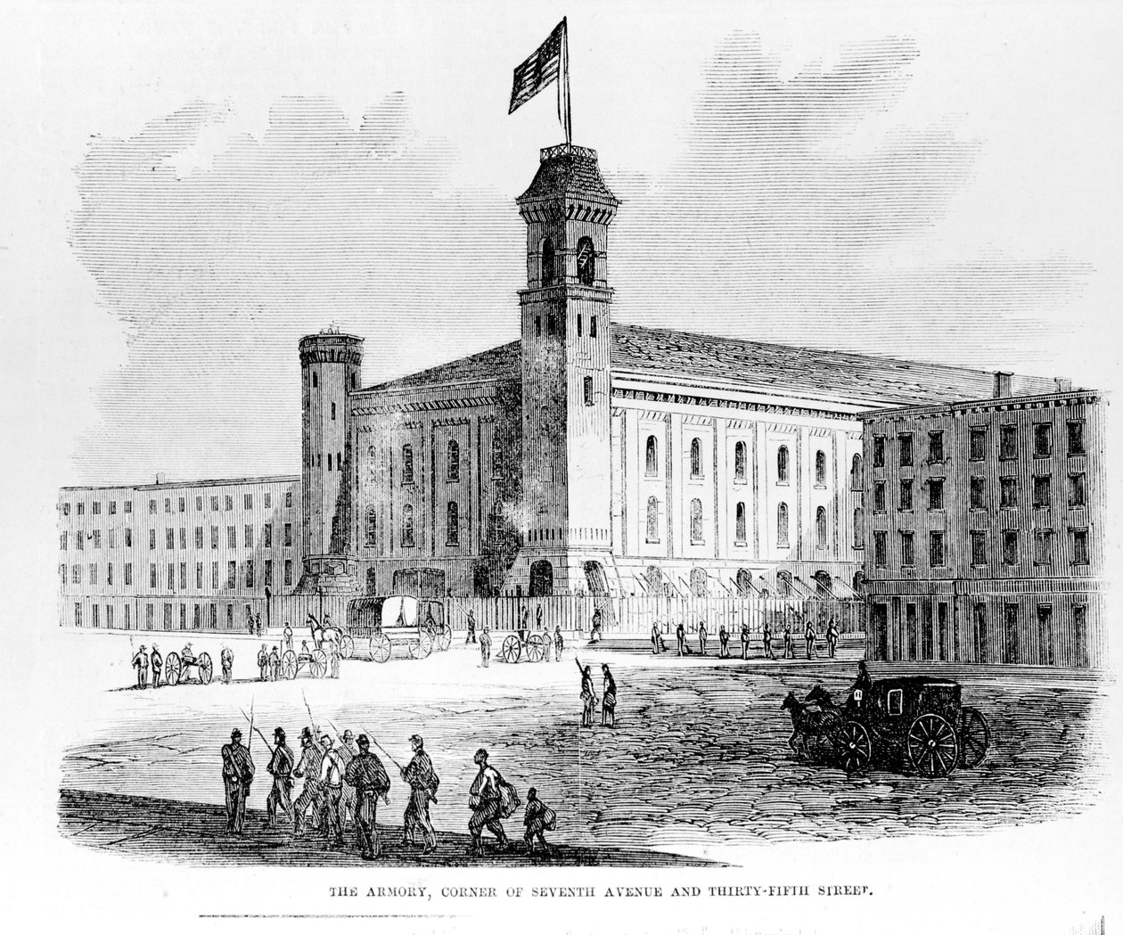 Zbrojnice, roh Sedmé avenue a Třicátá pátá ulice, scéna z Draft Riots v New Yorku, 1863 od American School