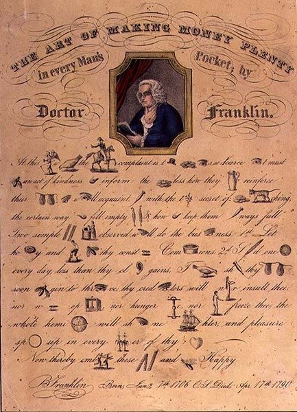 Umění vydělat spoustu peněz v kapse každého muže od doktora Franklina, hospoda. od Currier a Ives, New York (barevné lito) od American School