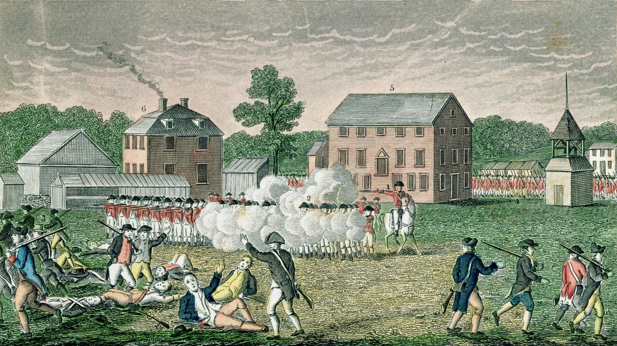 Bitva u Lexingtonu, 19. dubna 1775, z "Connecticut Historical Collections", autor John Warner Barber, vyryl A. Doolittle, 1832 od American School